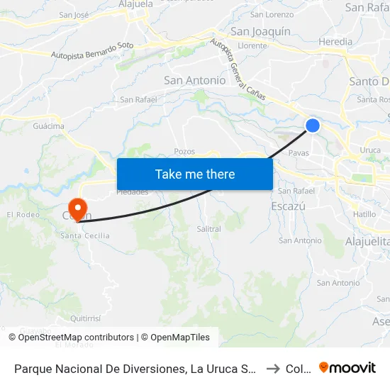 Parque Nacional De Diversiones, La Uruca San José to Colón map