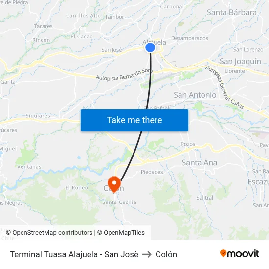 Terminal Tuasa Alajuela - San Josè to Colón map