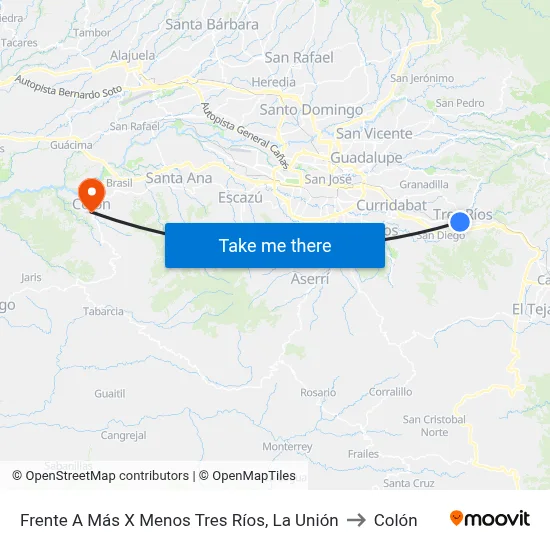 Frente A Más X Menos Tres Ríos, La Unión to Colón map