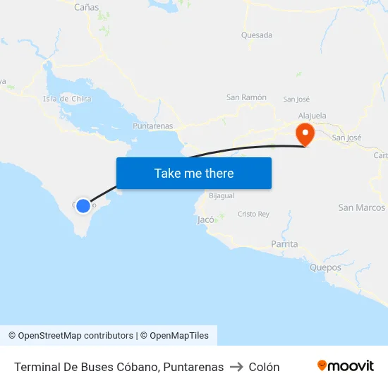 Terminal De Buses Cóbano, Puntarenas to Colón map