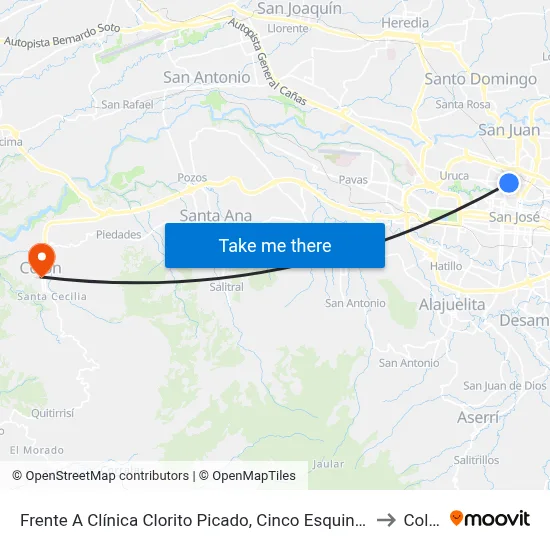 Frente A Clínica Clorito Picado, Cinco Esquinas Tibás to Colón map