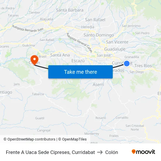 Frente A Uaca Sede Cipreses, Curridabat to Colón map