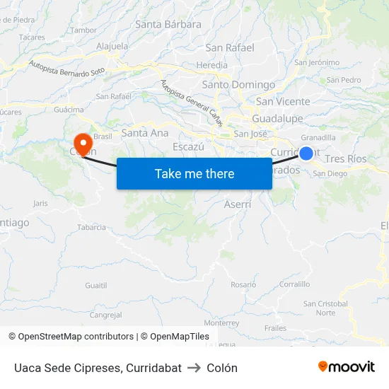 Uaca Sede Cipreses, Curridabat to Colón map