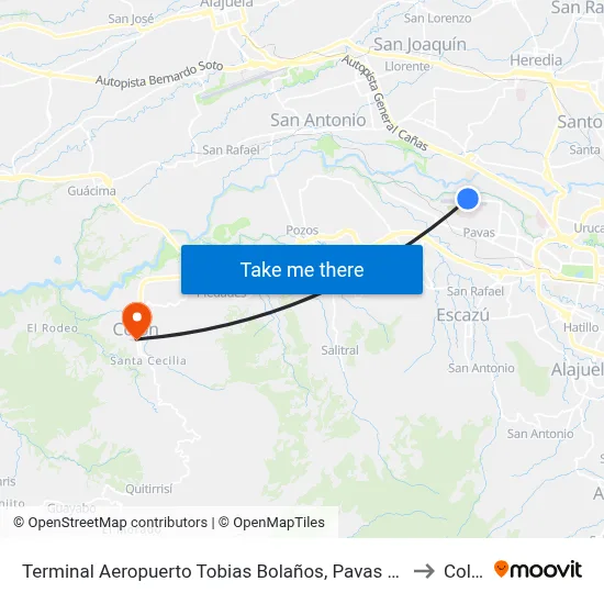 Terminal Aeropuerto Tobias Bolaños, Pavas San José to Colón map