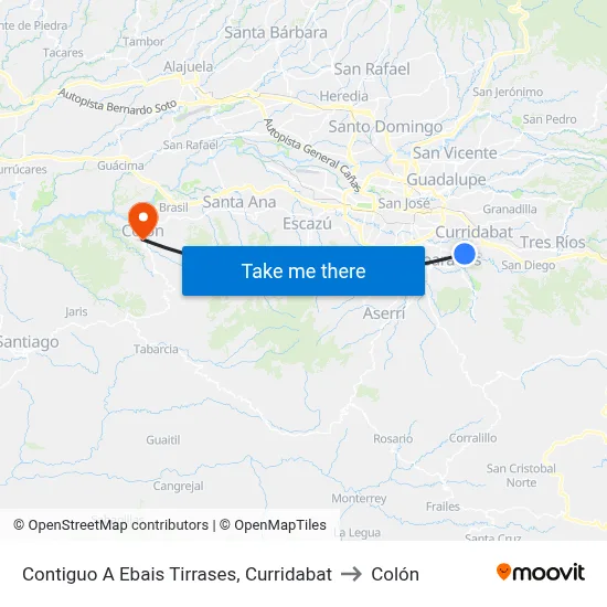 Contiguo A Ebais Tirrases, Curridabat to Colón map