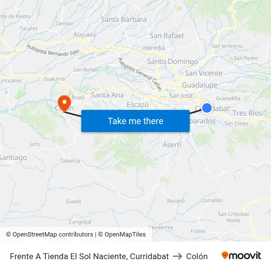 Frente A Tienda El Sol Naciente, Curridabat to Colón map