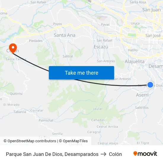 Parque San Juan De Dios, Desamparados to Colón map