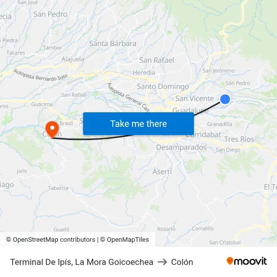 Terminal De Ipís, La Mora Goicoechea to Colón map