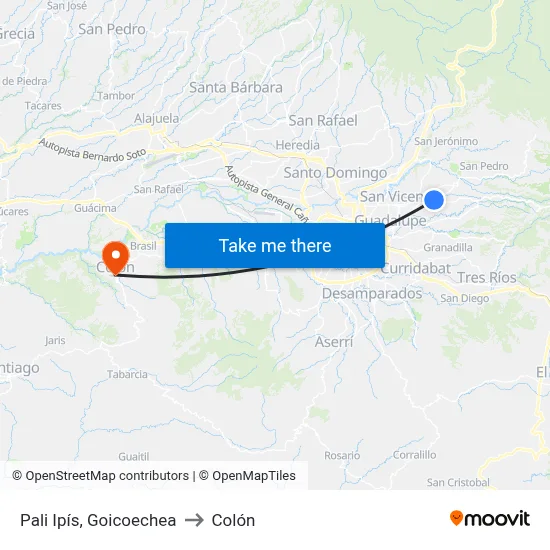 Pali Ipís, Goicoechea to Colón map