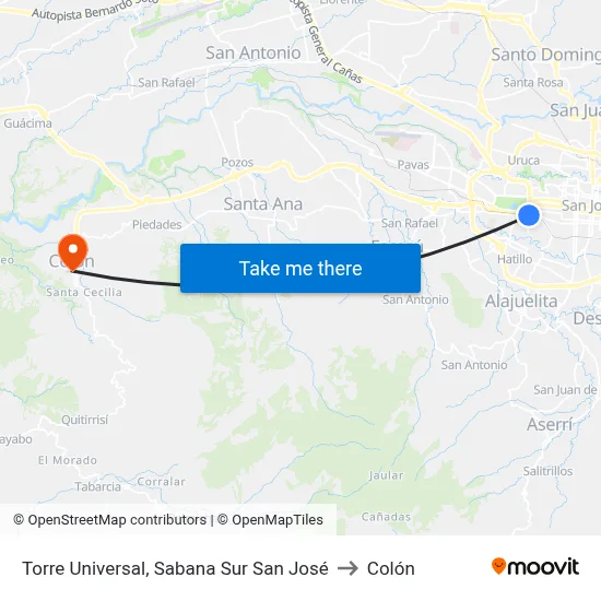Torre Universal, Sabana Sur San José to Colón map