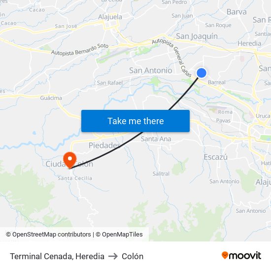 Terminal Cenada, Heredia to Colón map