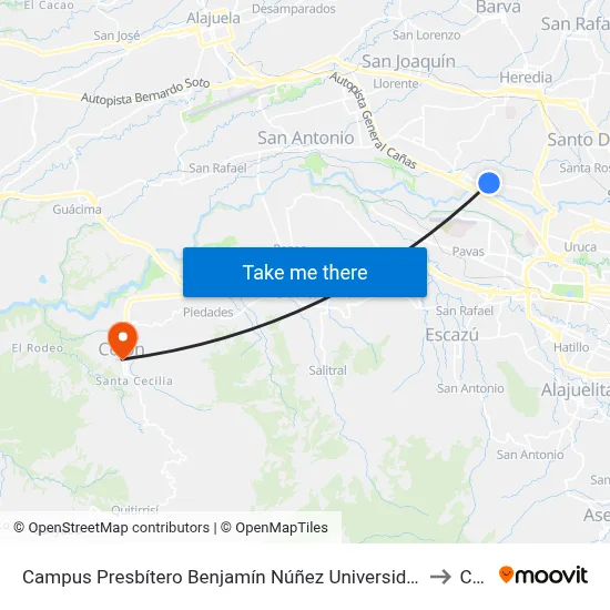 Campus Presbítero Benjamín Núñez Universidad Nacional, Lagunilla Heredia to Colón map