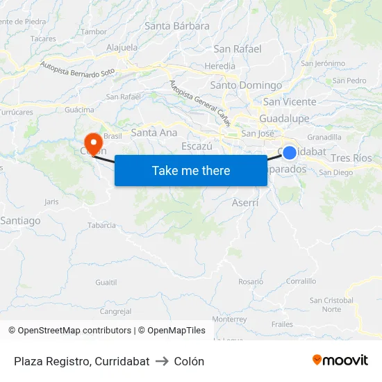 Plaza Registro, Curridabat to Colón map