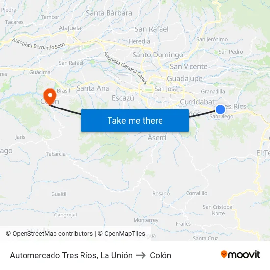 Automercado Tres Ríos, La Unión to Colón map