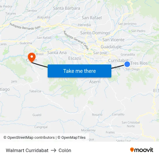 Walmart Curridabat to Colón map