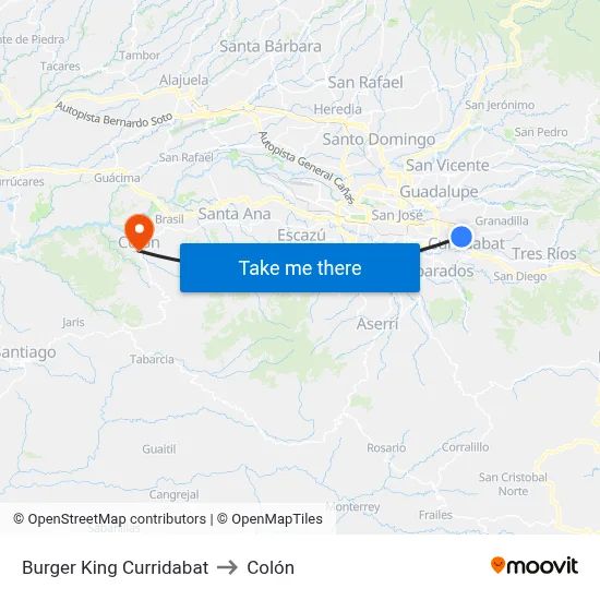 Burger King Curridabat to Colón map
