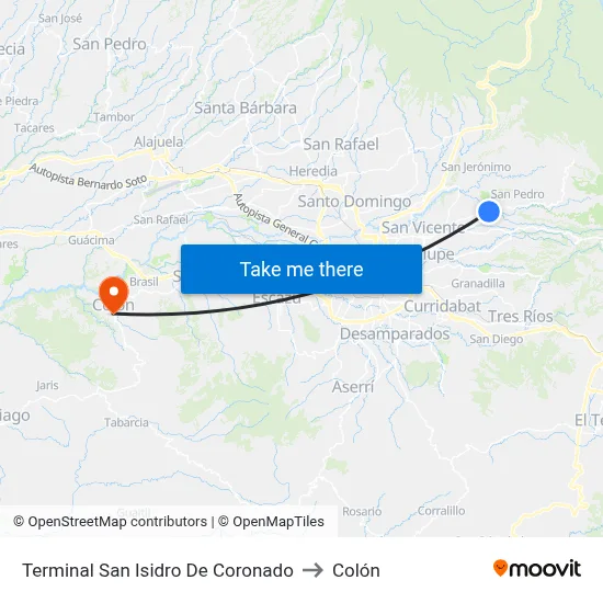 Terminal San Isidro De Coronado to Colón map
