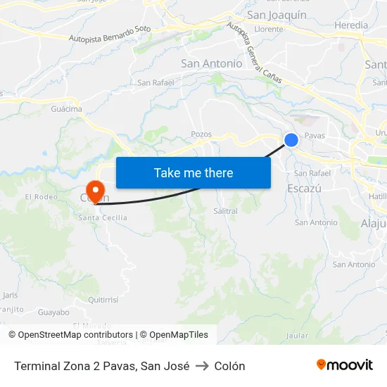 Terminal Zona 2 Pavas, San José to Colón map