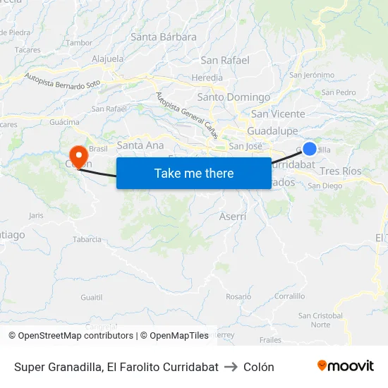Super Granadilla, El Farolito Curridabat to Colón map