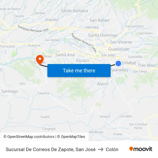 Sucursal De Correos De Zapote, San José to Colón map