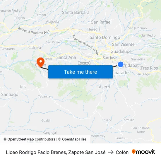 Liceo Rodrigo Facio Brenes, Zapote San José to Colón map