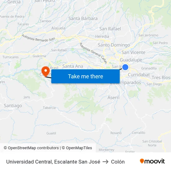 Universidad Central, Escalante San José to Colón map