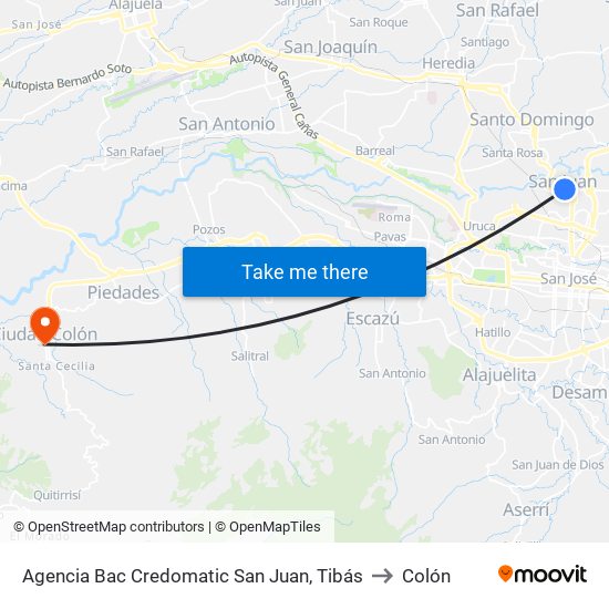 Agencia Bac Credomatic San Juan, Tibás to Colón map