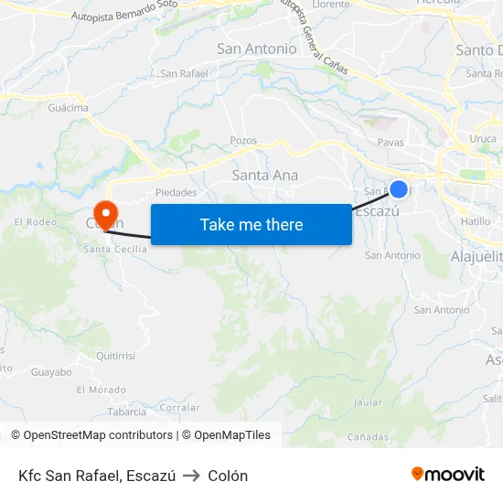 Kfc San Rafael, Escazú to Colón map