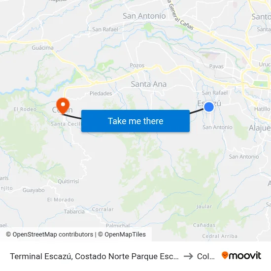 Terminal Escazú, Costado Norte Parque Escazú to Colón map