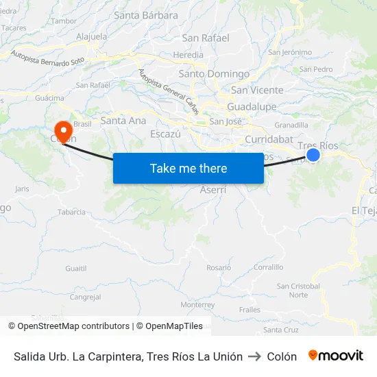 Salida Urb. La Carpintera, Tres Ríos La Unión to Colón map
