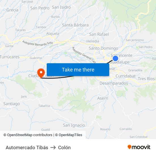 Automercado Tibás to Colón map