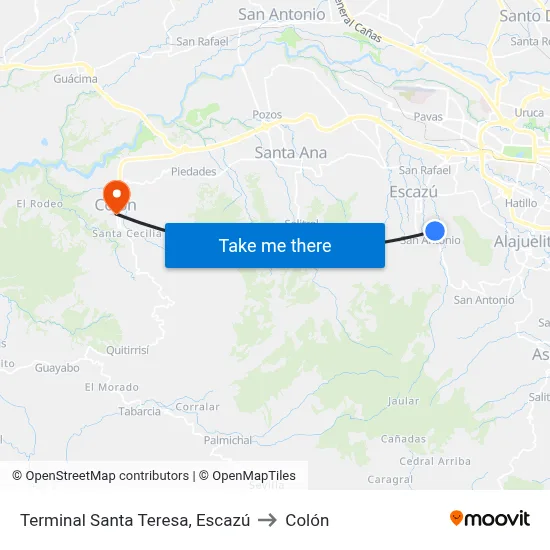 Terminal Santa Teresa, Escazú to Colón map
