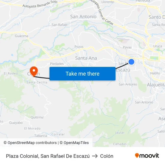 Plaza Colonial, San Rafael De Escazú to Colón map