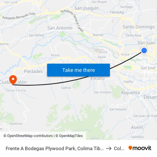 Frente A Bodegas Plywood Park, Colima Tibás to Colón map