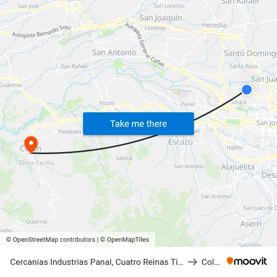 Cercanías Industrias Panal, Cuatro Reinas Tibás to Colón map