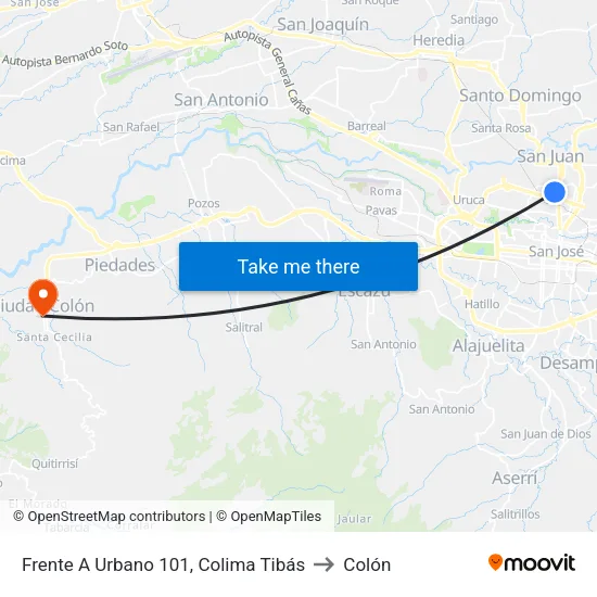 Frente A Urbano 101, Colima Tibás to Colón map