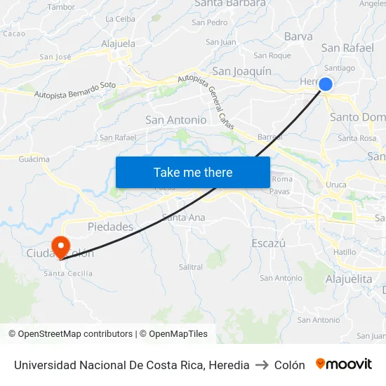 Universidad Nacional De Costa Rica, Heredia to Colón map