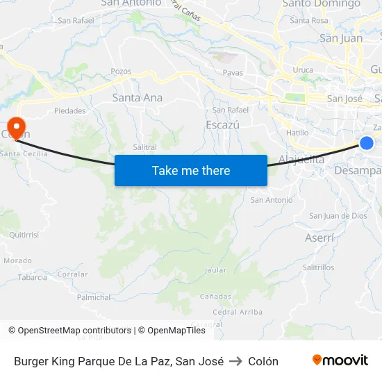 Burger King Parque De La Paz, San José to Colón map