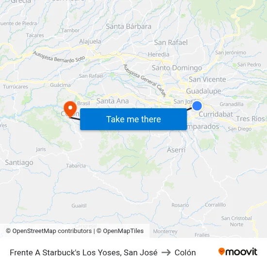 Frente A Starbuck's Los Yoses, San José to Colón map
