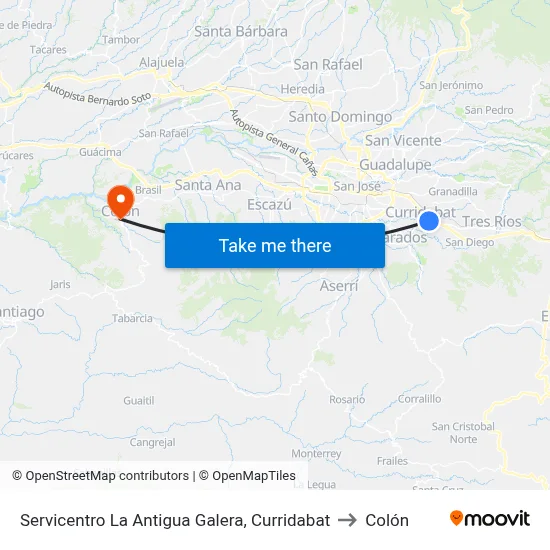 Servicentro La Antigua Galera, Curridabat to Colón map
