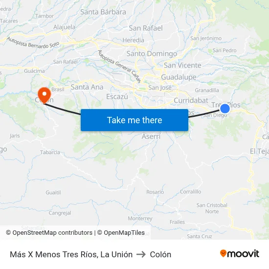 Más X Menos Tres Ríos, La Unión to Colón map