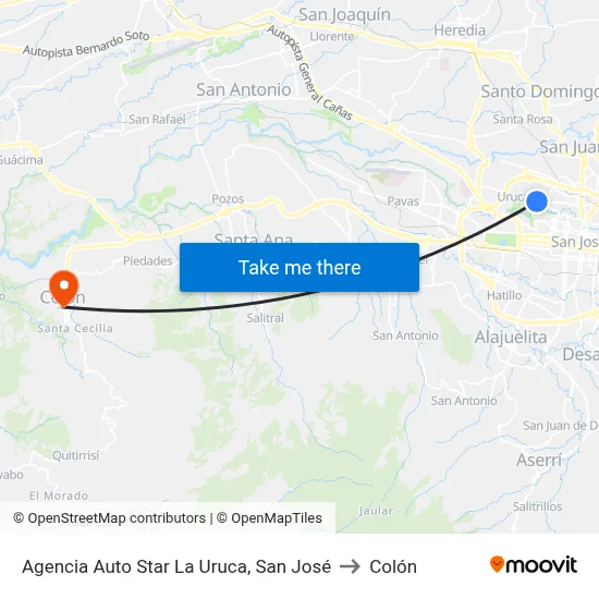 Agencia Auto Star La Uruca, San José to Colón map