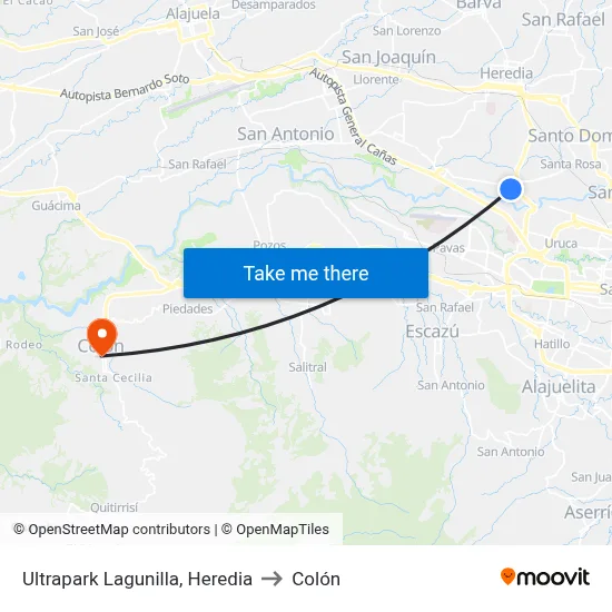 Ultrapark Lagunilla, Heredia to Colón map