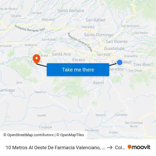 10 Metros Al Oeste De Farmacia Valenciano, Curridabat to Colón map