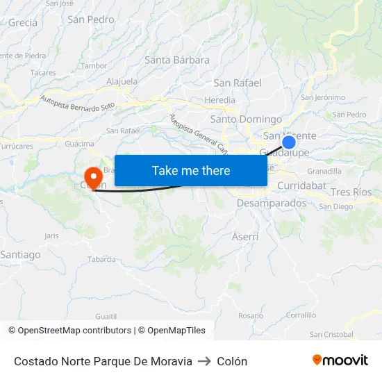 Costado Norte Parque De Moravia to Colón map