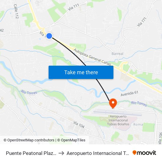 Puente Peatonal Plaza Real Cariari, Heredia to Aeropuerto Internacional Tobías Bolaños Palma (SYQ) map