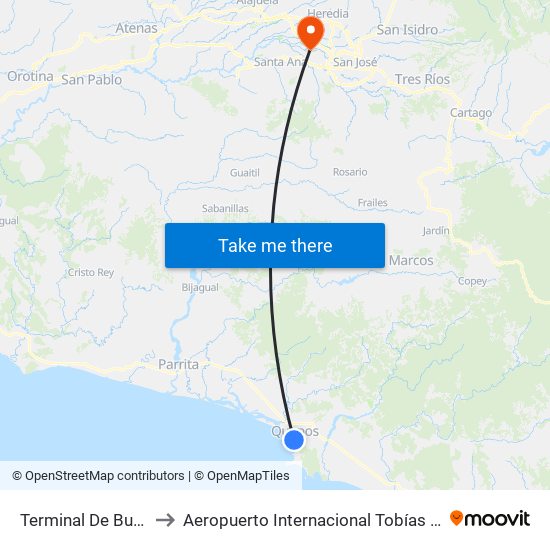 Terminal De Buses Quepos to Aeropuerto Internacional Tobías Bolaños Palma (SYQ) map