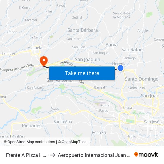 Frente A Pizza Hut, Heredia to Aeropuerto Internacional Juan Santamaría (SJO) map