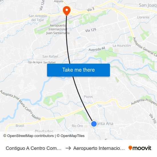 Contiguo A Centro Comercial Santa Ana Town Center to Aeropuerto Internacional Juan Santamaría (SJO) map