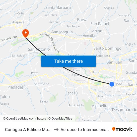 Contiguo A Edificio Maro, Coca Cola San José to Aeropuerto Internacional Juan Santamaría (SJO) map